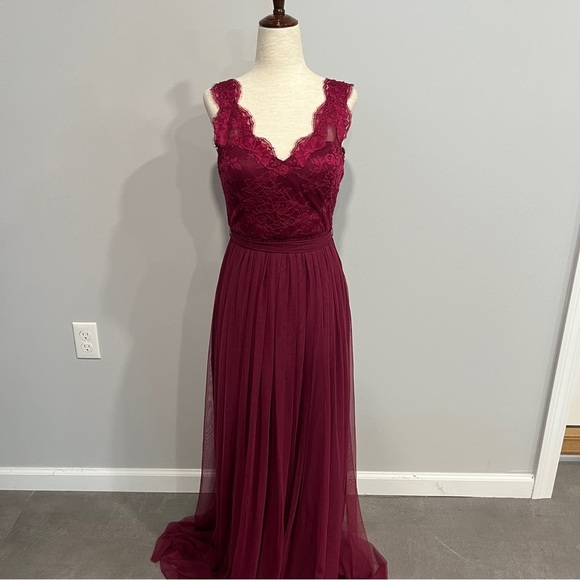 Anthropologie Hithero Red Lace Long‎ Chiffon Dress 4 - Picture 2 of 10